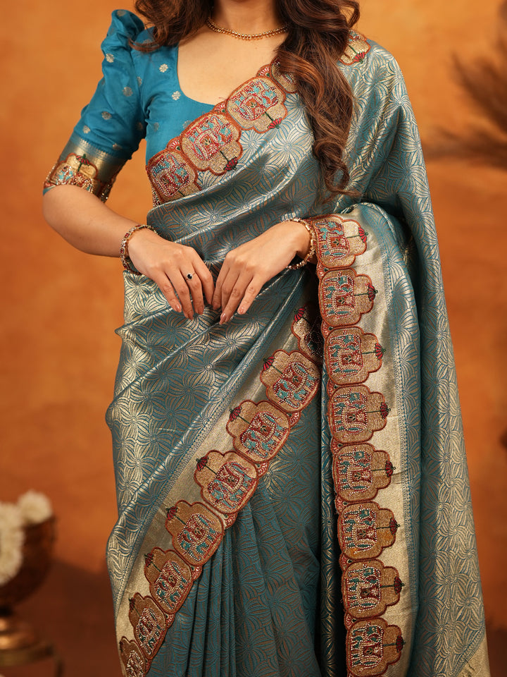 Teal Blue Banarasi Silk Saree with All-Over Zari Weaving & Ornamental Embroidered Border | Designer Wedding & Festive Wear Saree with Blouse