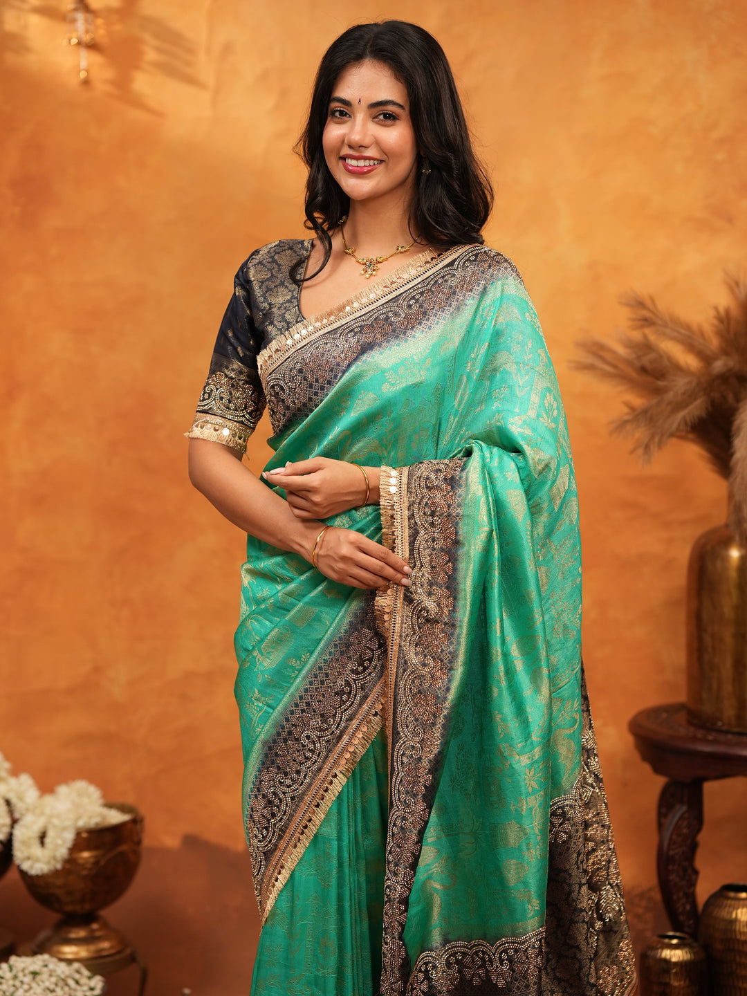 Teal Green & Black Banarasi Silk Saree with Rich Zari Border & Grand Contrast Pallu | Designer Wedding & Festive Wear Saree