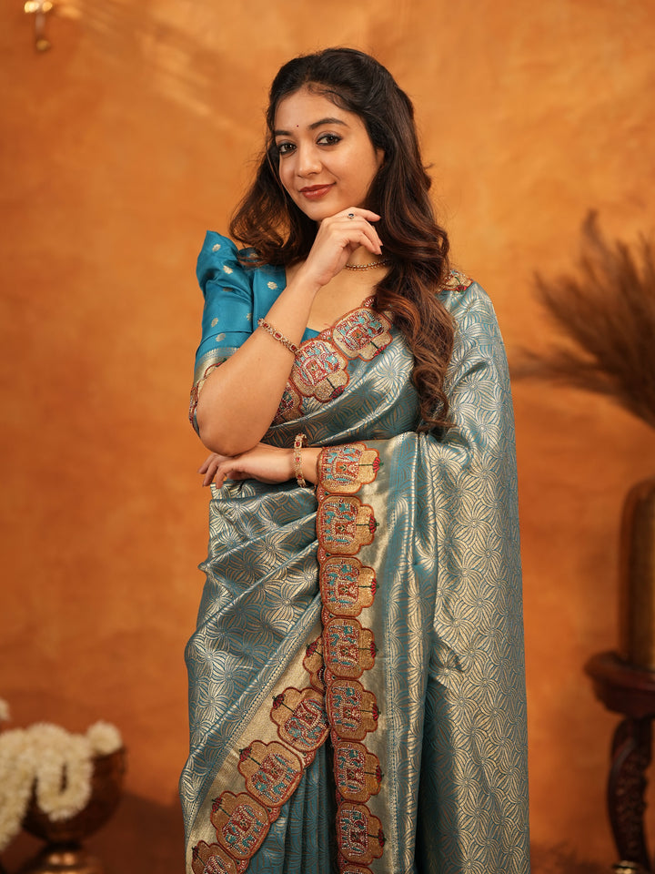 Teal Blue Banarasi Silk Saree with All-Over Zari Weaving & Ornamental Embroidered Border | Designer Wedding & Festive Wear Saree with Blouse