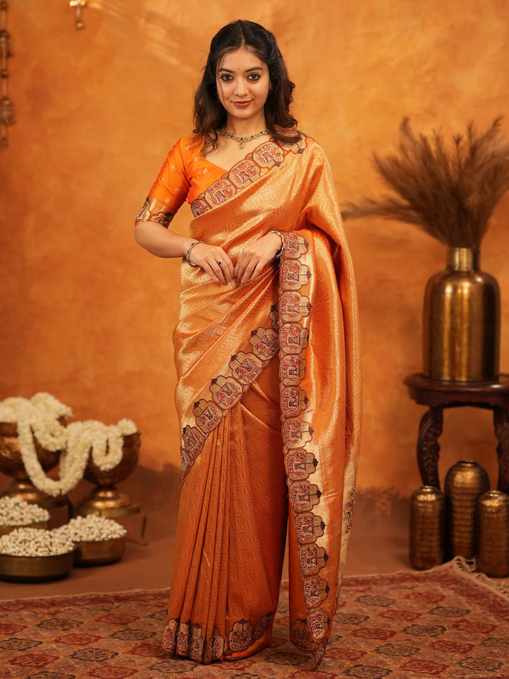 Rust Orange Banarasi Silk Saree with All-Over Zari Weaving & Designer Embroidered Border | Festive Wedding Wear Saree with Blouse & Tassels