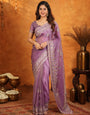Lavender Purple Fendy Satin Embroidered Saree with Heavy Floral Border & Designer Pallu | Elegant Party Wear Saree with Embroidered Blouse
