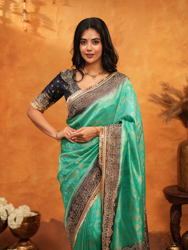 Teal Green & Black Banarasi Silk Saree with Rich Zari Border & Grand Contrast Pallu | Designer Wedding & Festive Wear Saree