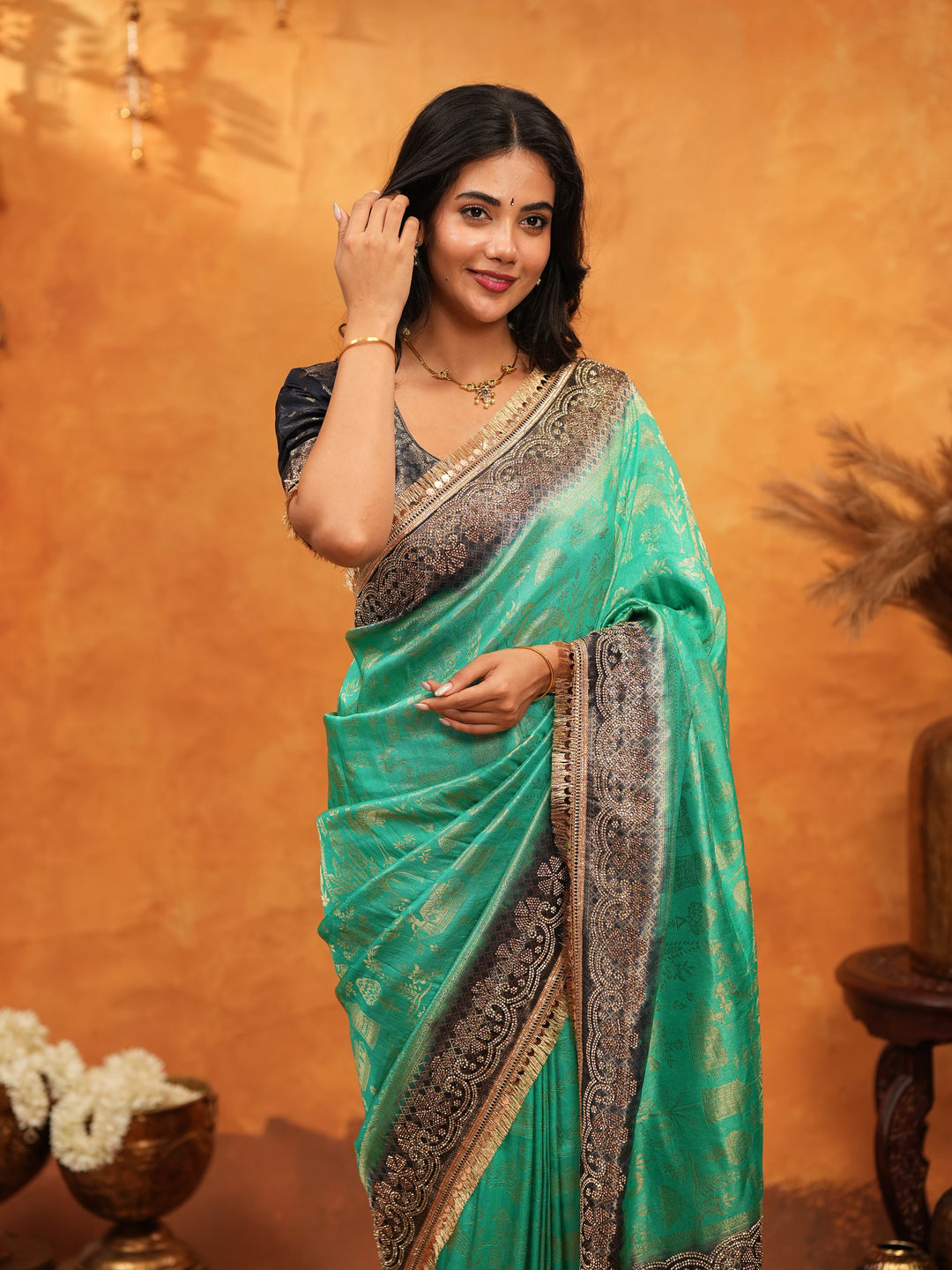 Teal Green & Black Banarasi Silk Saree with Rich Zari Border & Grand Contrast Pallu | Designer Wedding & Festive Wear Saree