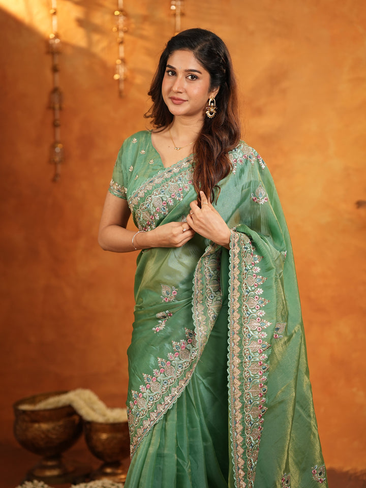 Elegant Mehendi Green Fendy Satin Embroidered Saree with Heavy Floral Border & Designer Pallu | Festive Wear Saree with Embroidered Blouse