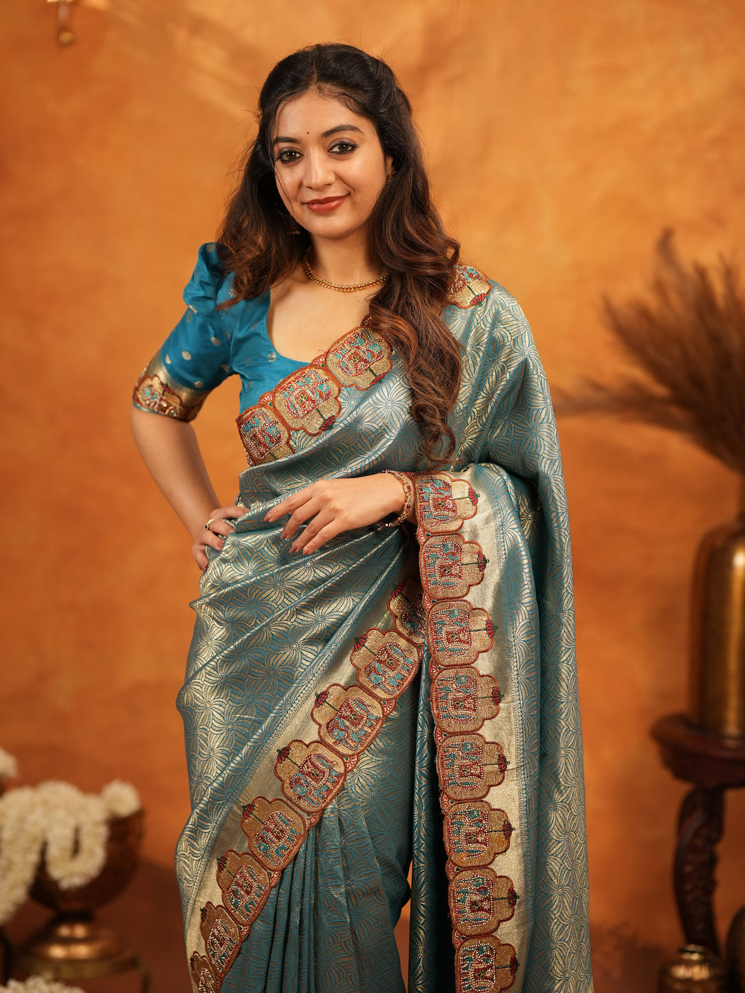 Teal Blue Banarasi Silk Saree with All-Over Zari Weaving & Ornamental Embroidered Border | Designer Wedding & Festive Wear Saree with Blouse