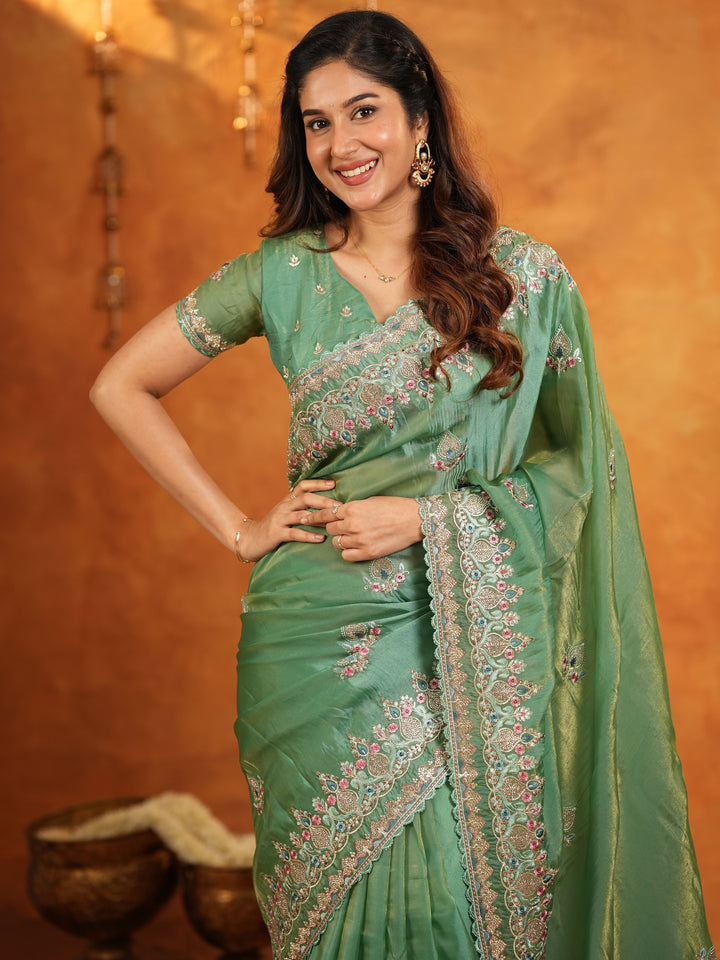 Elegant Mehendi Green Fendy Satin Embroidered Saree with Heavy Floral Border & Designer Pallu | Festive Wear Saree with Embroidered Blouse