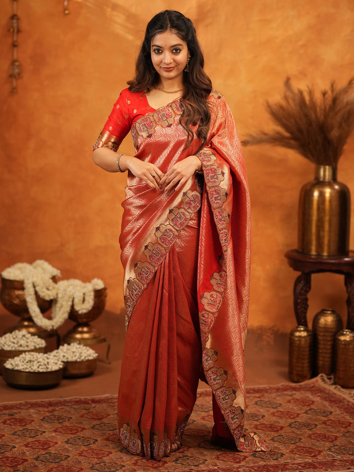 Tomato Red Banarasi Silk Saree with Rich Zari Weaving & Designer Embroidered Border | Elegant Wedding & Festive Wear Saree with Blouse & Tassels