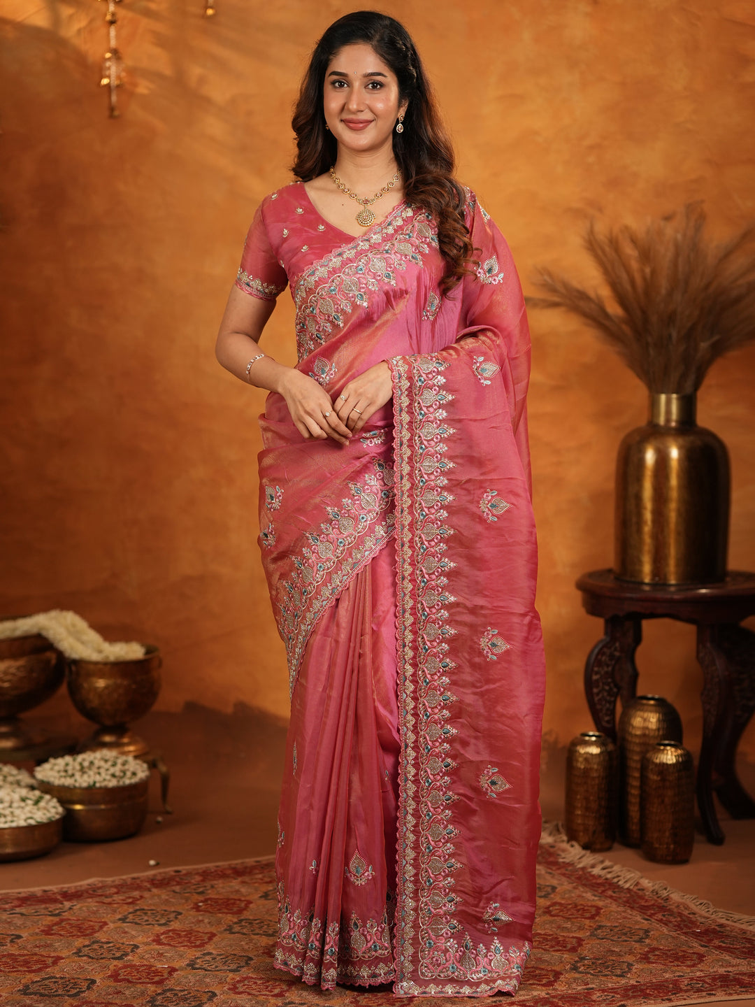Dusty Rose Pink Fendy Satin Embroidered Saree with Heavy Floral Border & Designer Pallu | Elegant Festive Wear Saree with Embroidered Blouse