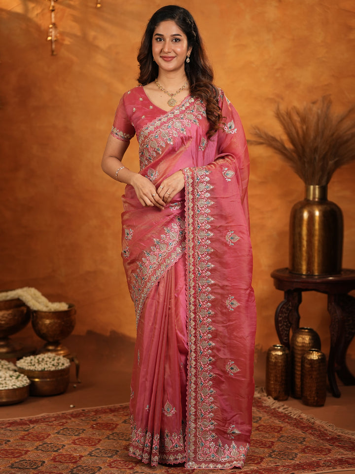 Dusty Rose Pink Fendy Satin Embroidered Saree with Heavy Floral Border & Designer Pallu | Elegant Festive Wear Saree with Embroidered Blouse