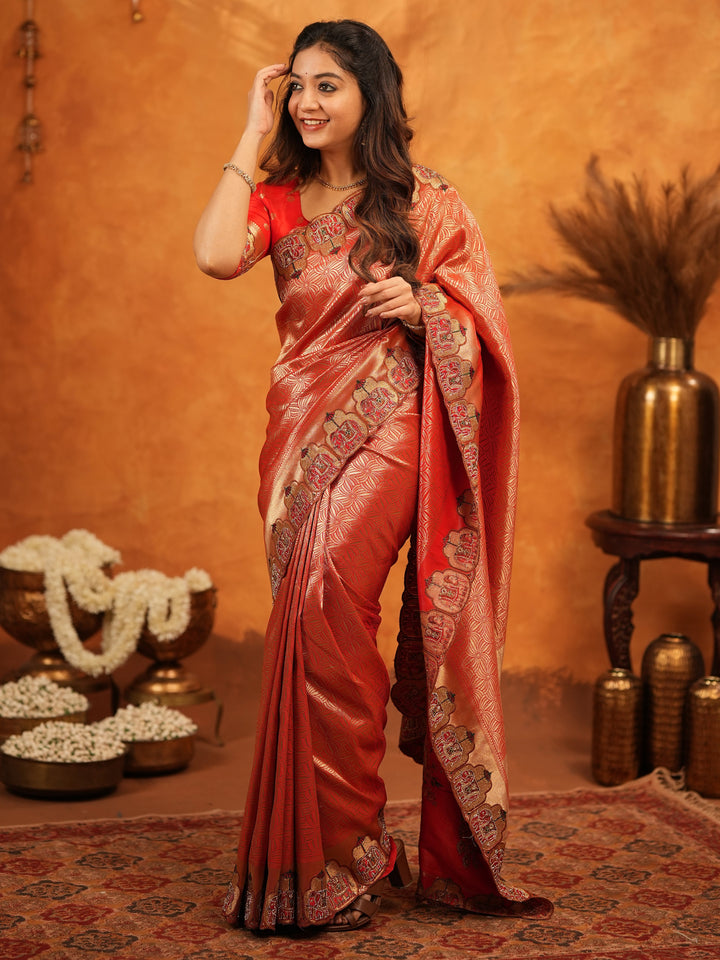 Tomato Red Banarasi Silk Saree with Rich Zari Weaving & Designer Embroidered Border | Elegant Wedding & Festive Wear Saree with Blouse & Tassels