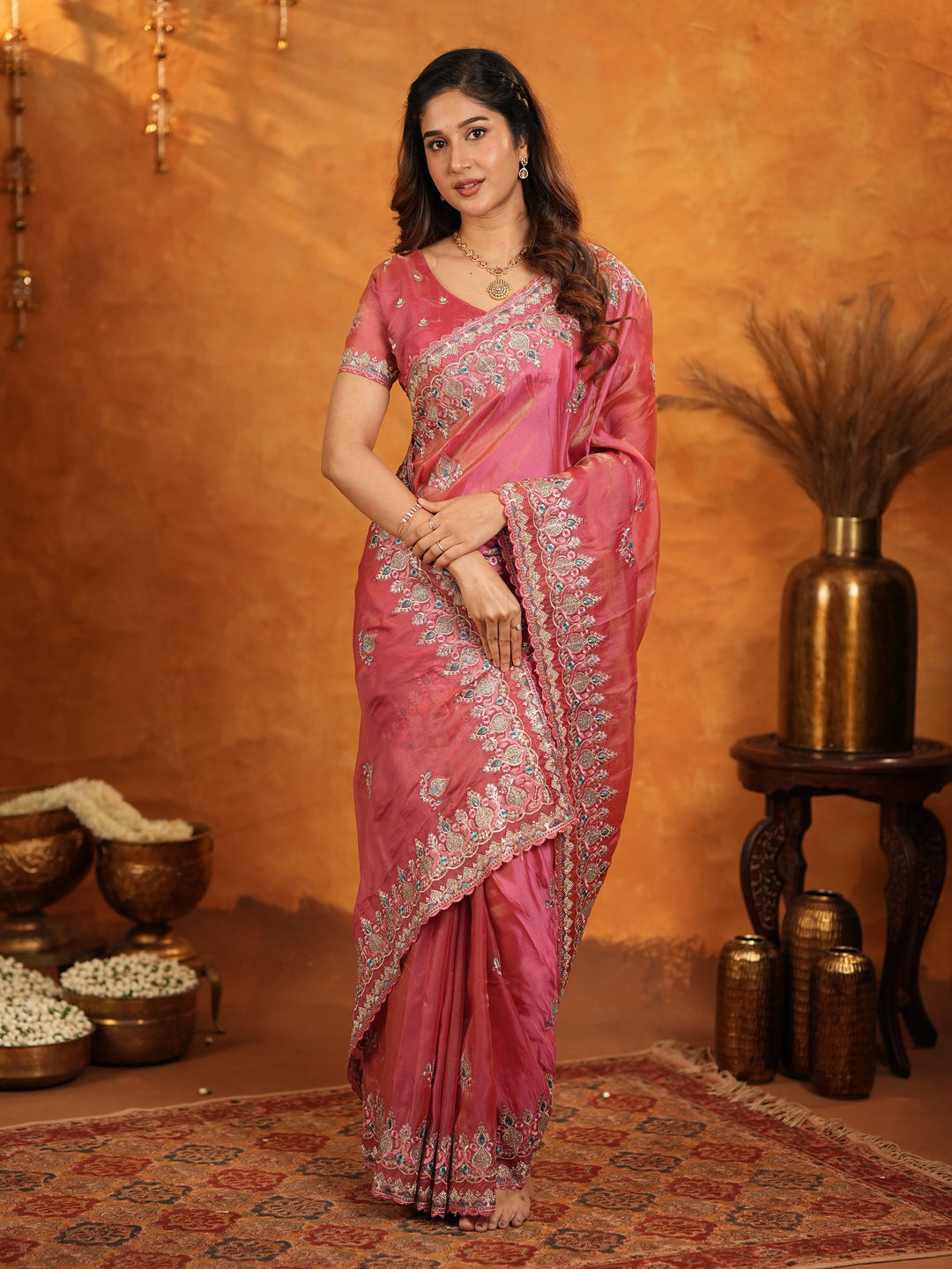 Dusty Rose Pink Fendy Satin Embroidered Saree with Heavy Floral Border & Designer Pallu | Elegant Festive Wear Saree with Embroidered Blouse