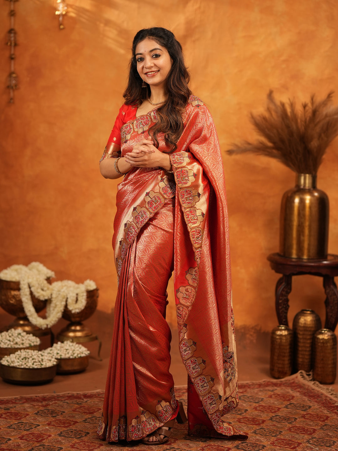 Tomato Red Banarasi Silk Saree with Rich Zari Weaving & Designer Embroidered Border | Elegant Wedding & Festive Wear Saree with Blouse & Tassels