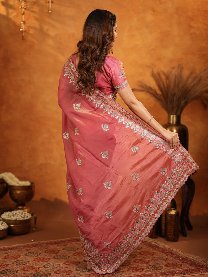 Dusty Rose Pink Fendy Satin Embroidered Saree with Heavy Floral Border & Designer Pallu | Elegant Festive Wear Saree with Embroidered Blouse