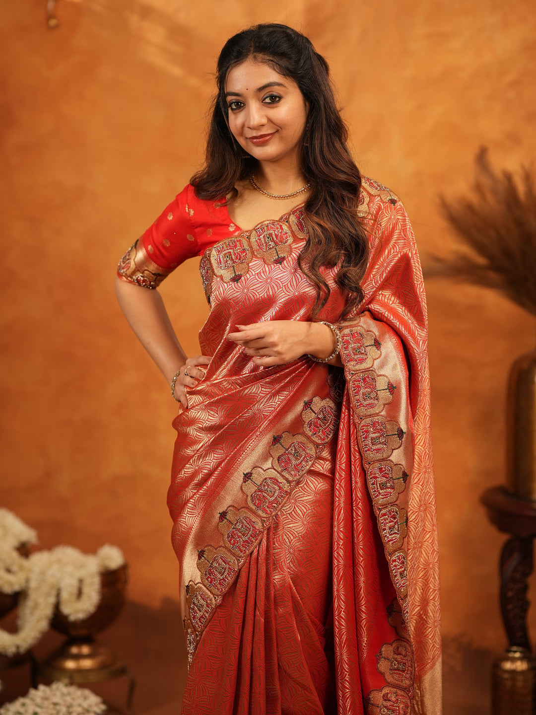 Tomato Red Banarasi Silk Saree with Rich Zari Weaving & Designer Embroidered Border | Elegant Wedding & Festive Wear Saree with Blouse & Tassels