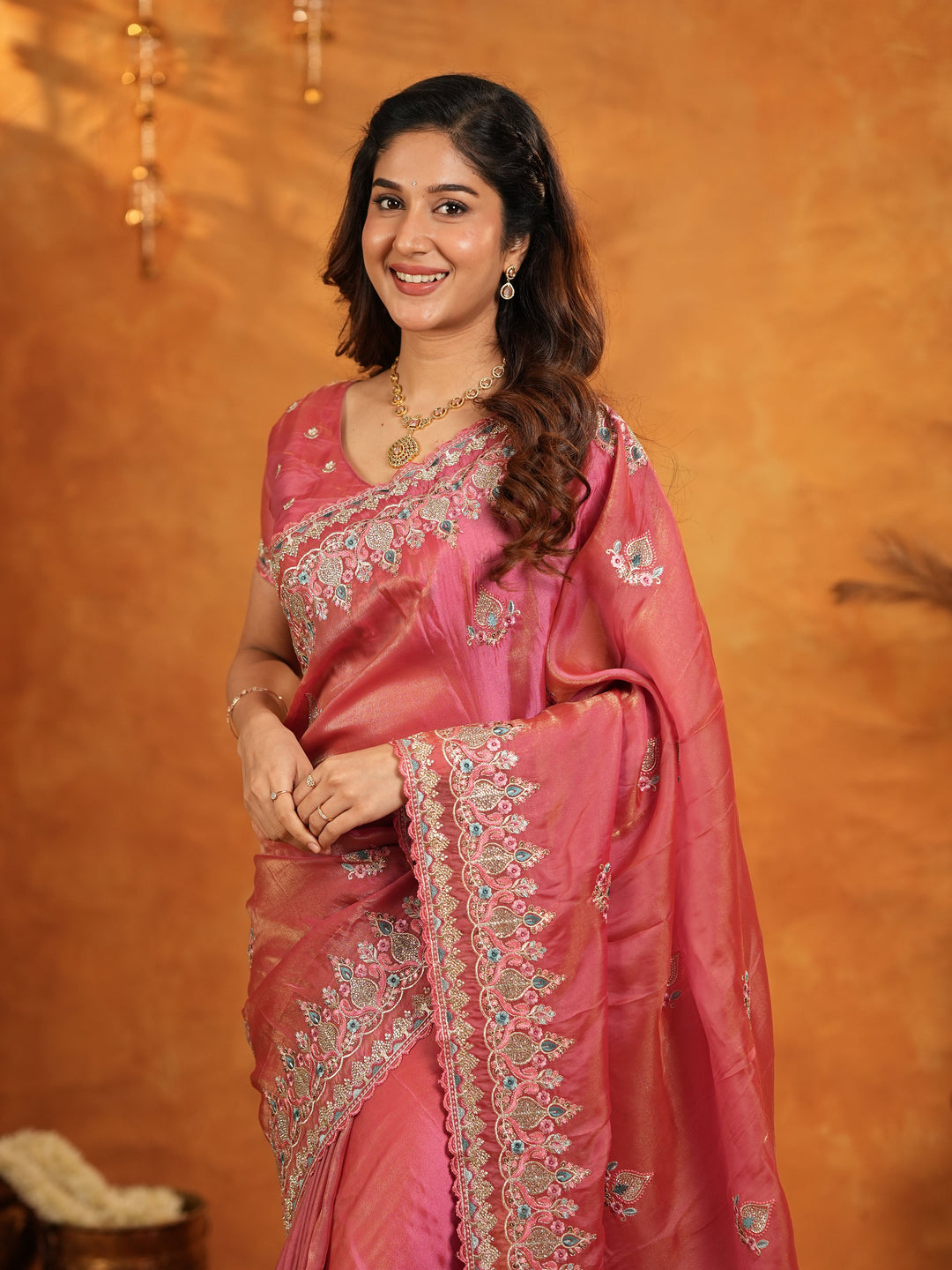 Dusty Rose Pink Fendy Satin Embroidered Saree with Heavy Floral Border & Designer Pallu | Elegant Festive Wear Saree with Embroidered Blouse