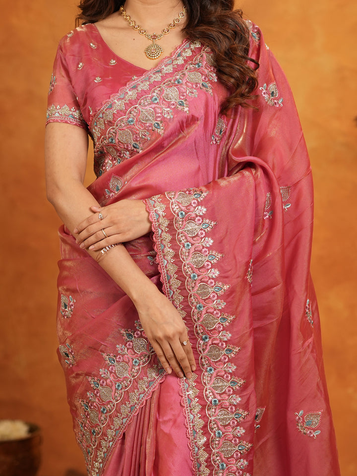 Dusty Rose Pink Fendy Satin Embroidered Saree with Heavy Floral Border & Designer Pallu | Elegant Festive Wear Saree with Embroidered Blouse