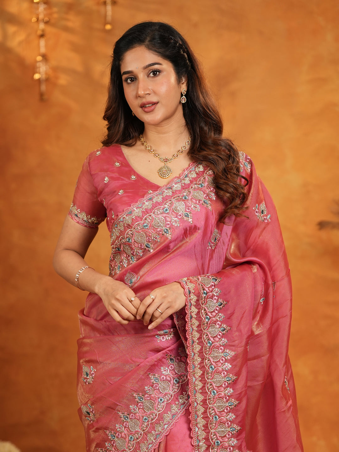 Dusty Rose Pink Fendy Satin Embroidered Saree with Heavy Floral Border & Designer Pallu | Elegant Festive Wear Saree with Embroidered Blouse