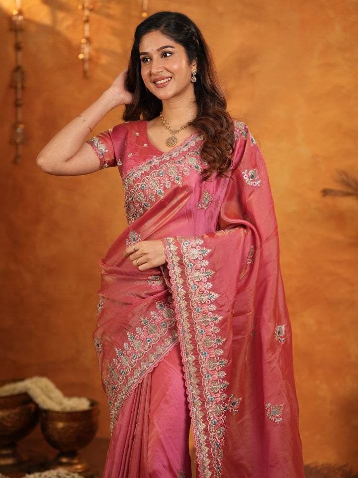 Dusty Rose Pink Fendy Satin Embroidered Saree with Heavy Floral Border & Designer Pallu | Elegant Festive Wear Saree with Embroidered Blouse