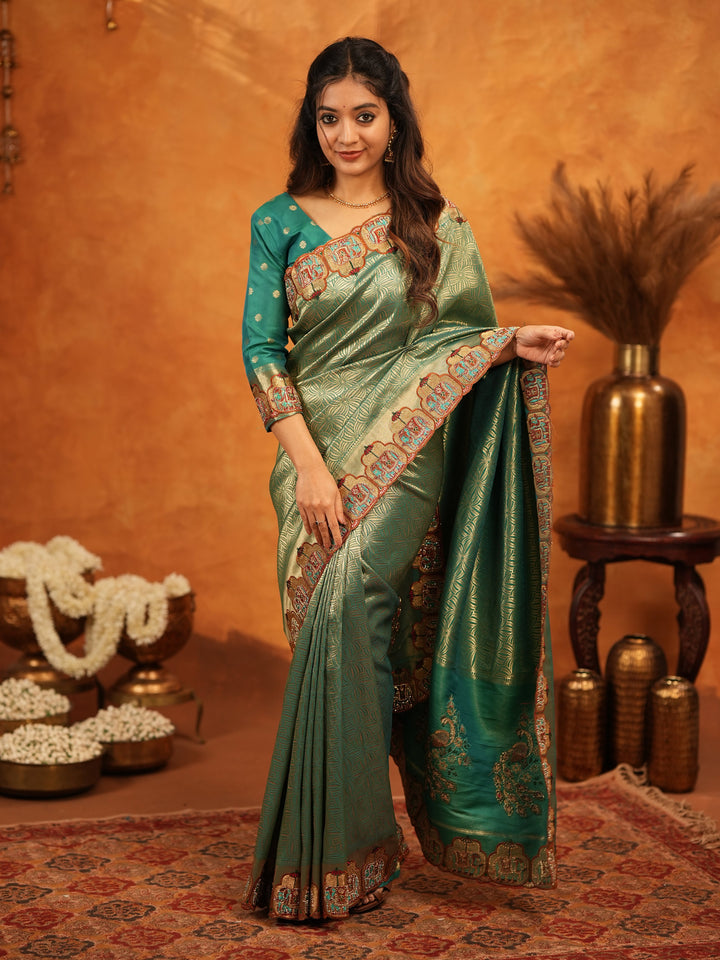 Bottle Green Banarasi Silk Saree with All-Over Zari Weaving & Designer Embroidered Border | Premium Wedding & Festive Wear Saree with Blouse & Tassels