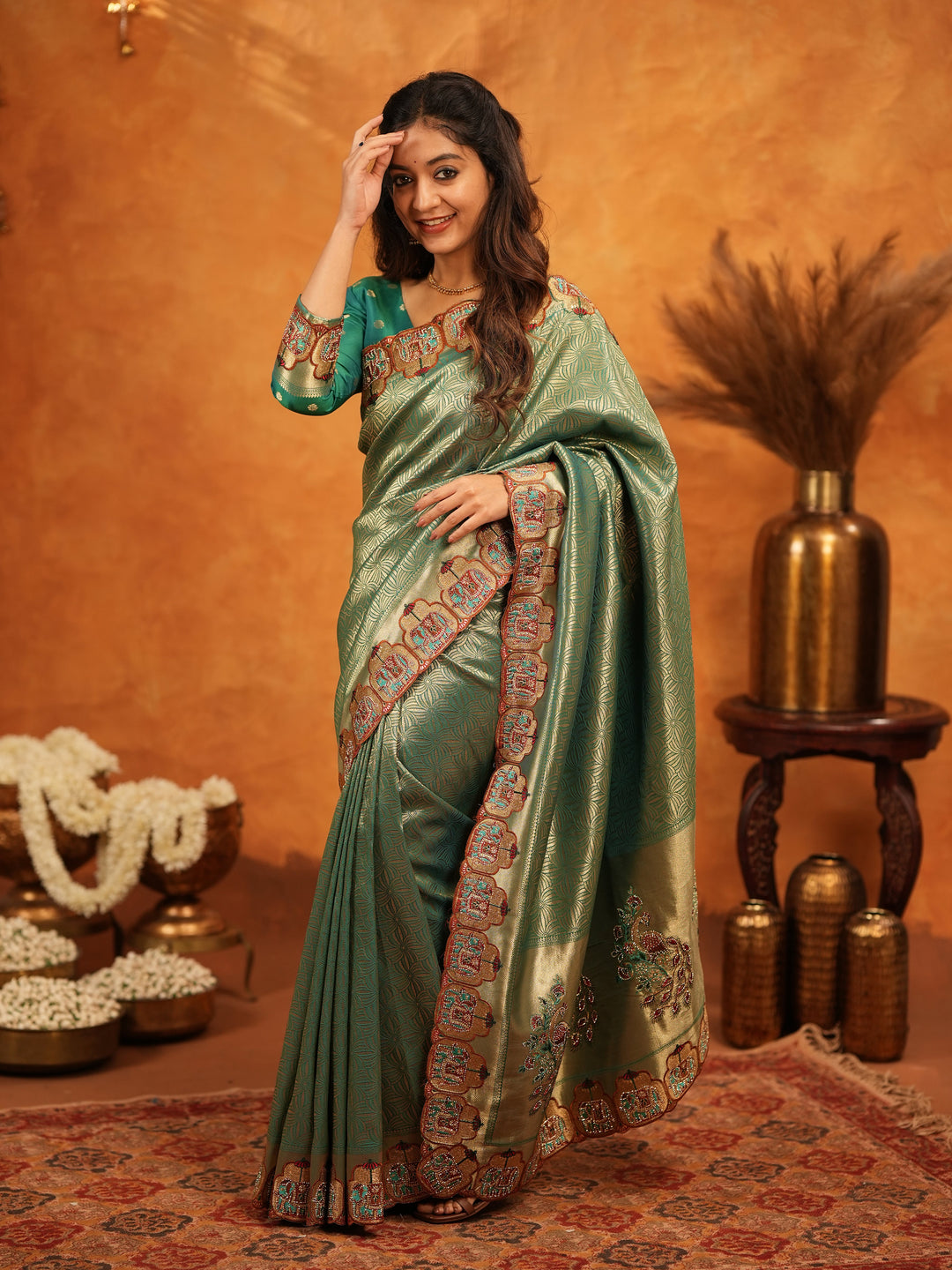 Bottle Green Banarasi Silk Saree with All-Over Zari Weaving & Designer Embroidered Border | Premium Wedding & Festive Wear Saree with Blouse & Tassels