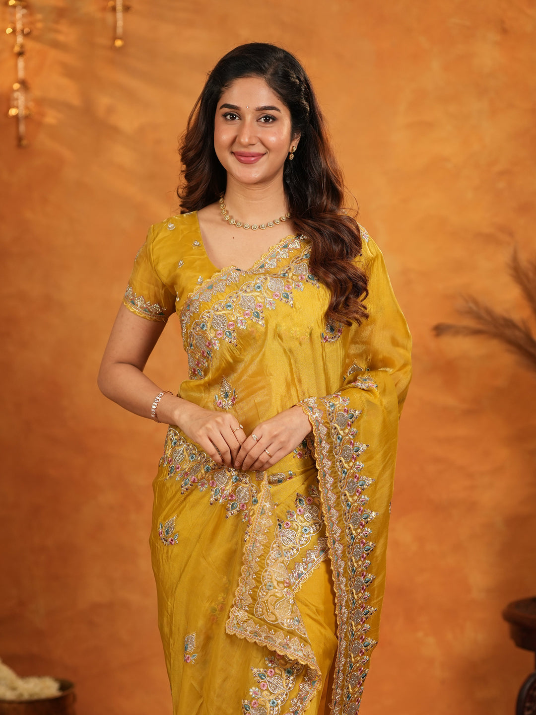 Mustard Yellow Fendy Satin Embroidered Saree with Heavy Floral Border & Designer Pallu | Festive Wedding Wear Saree with Embroidered Blouse