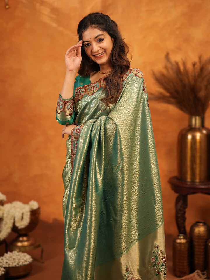 Bottle Green Banarasi Silk Saree with All-Over Zari Weaving & Designer Embroidered Border | Premium Wedding & Festive Wear Saree with Blouse & Tassels