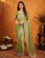 Olive Green Fendy Satin Embroidered Saree with Heavy Floral Border & Designer Pallu | Elegant Festive Wear Saree with Embroidered Blouse
