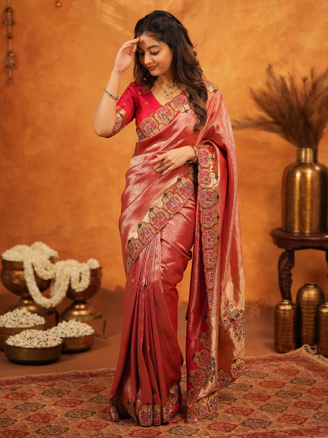 Deep Coral Red Banarasi Silk Saree with All-Over Zari Weaving & Designer Embroidered Border | Elegant Wedding & Festive Wear Saree with Blouse & Tassels