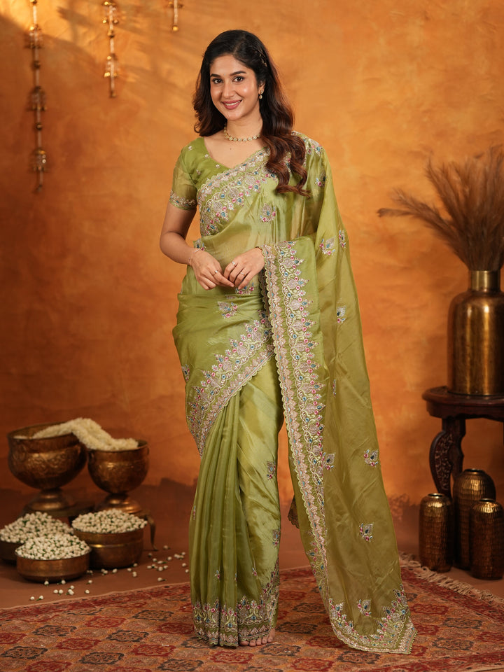 Olive Green Fendy Satin Embroidered Saree with Heavy Floral Border & Designer Pallu | Elegant Festive Wear Saree with Embroidered Blouse