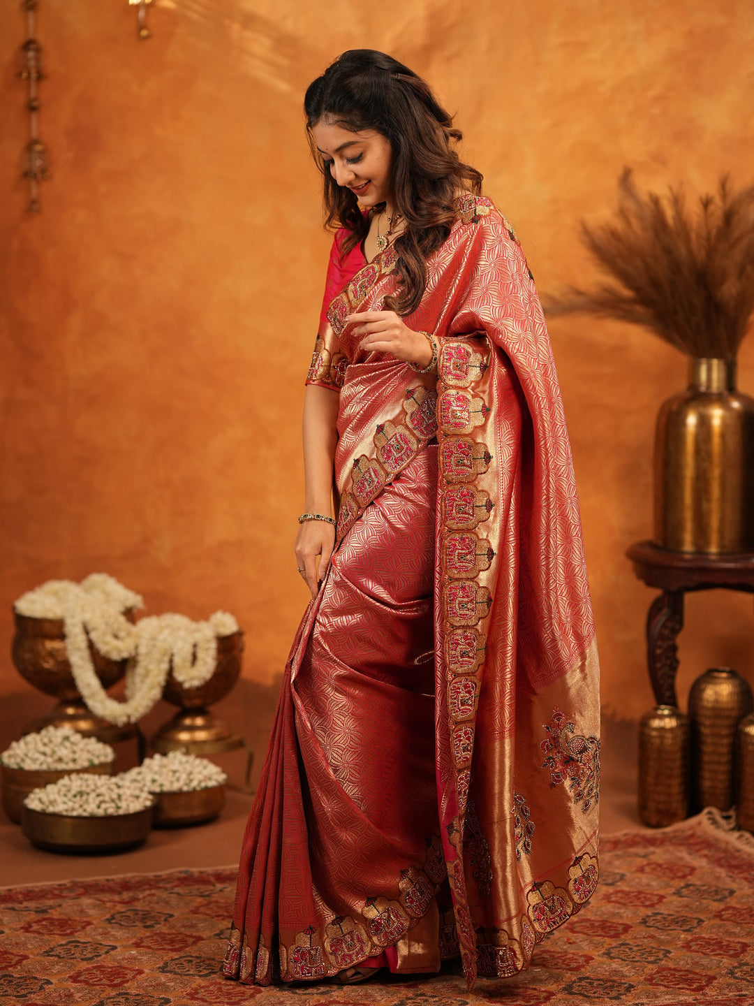 Deep Coral Red Banarasi Silk Saree with All-Over Zari Weaving & Designer Embroidered Border | Elegant Wedding & Festive Wear Saree with Blouse & Tassels