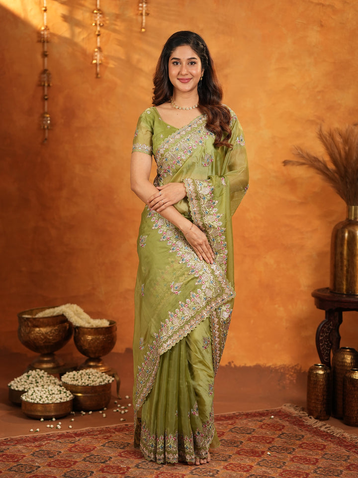 Olive Green Fendy Satin Embroidered Saree with Heavy Floral Border & Designer Pallu | Elegant Festive Wear Saree with Embroidered Blouse
