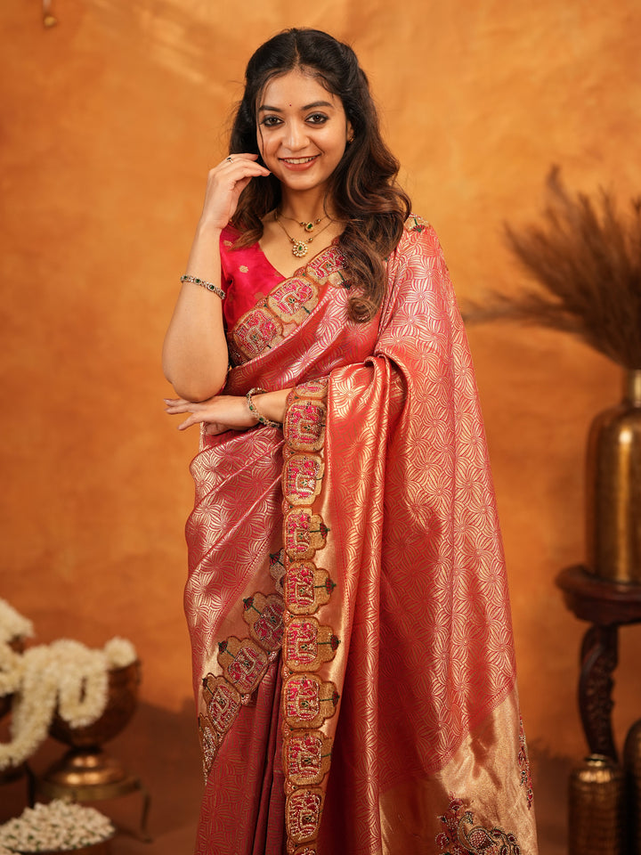 Deep Coral Red Banarasi Silk Saree with All-Over Zari Weaving & Designer Embroidered Border | Elegant Wedding & Festive Wear Saree with Blouse & Tassels