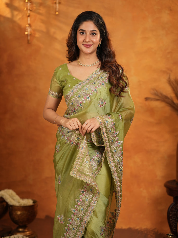 Olive Green Fendy Satin Embroidered Saree with Heavy Floral Border & Designer Pallu | Elegant Festive Wear Saree with Embroidered Blouse