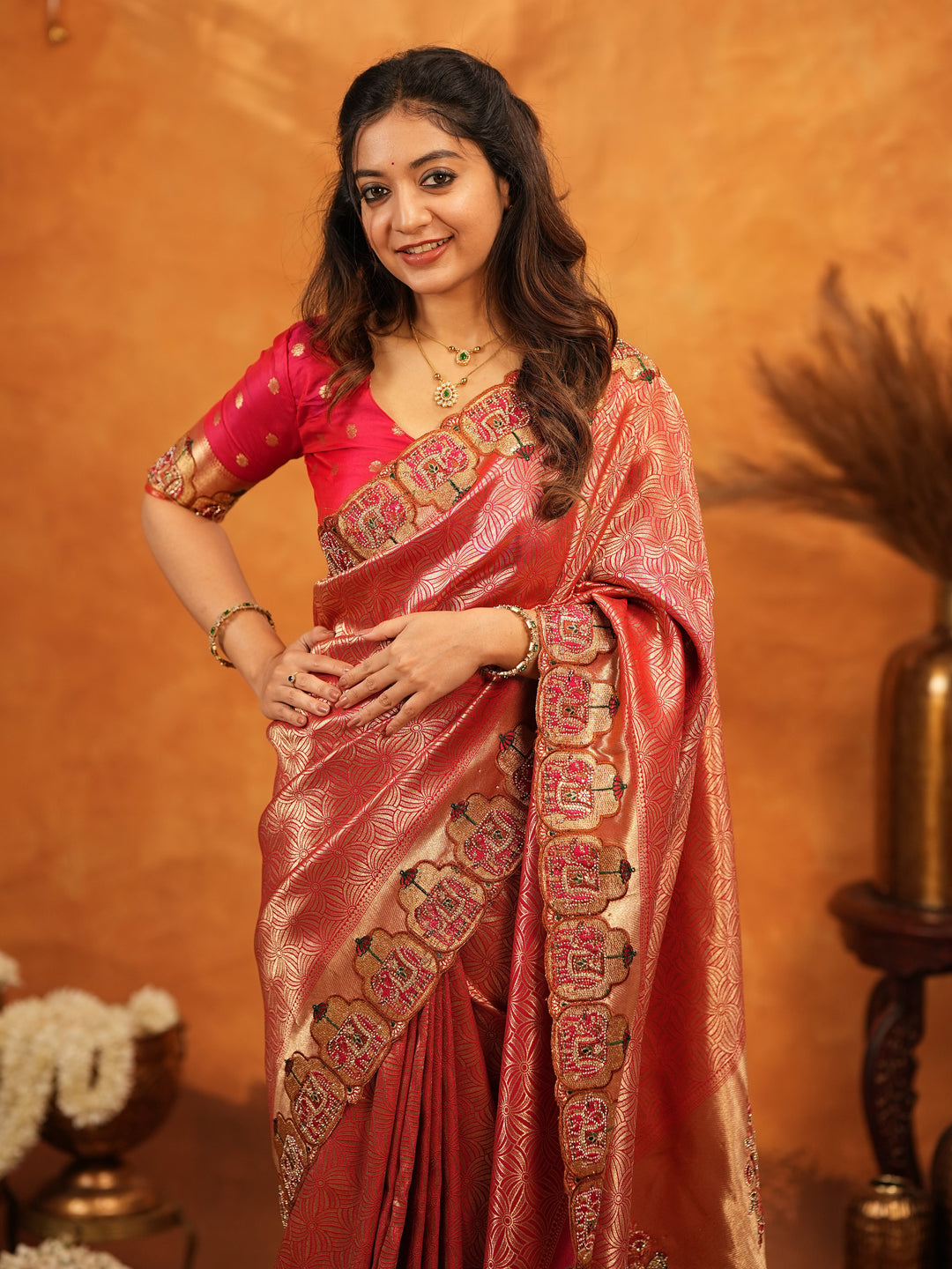 Deep Coral Red Banarasi Silk Saree with All-Over Zari Weaving & Designer Embroidered Border | Elegant Wedding & Festive Wear Saree with Blouse & Tassels