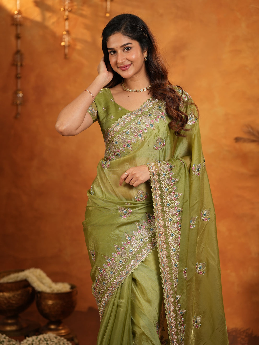 Olive Green Fendy Satin Embroidered Saree with Heavy Floral Border & Designer Pallu | Elegant Festive Wear Saree with Embroidered Blouse