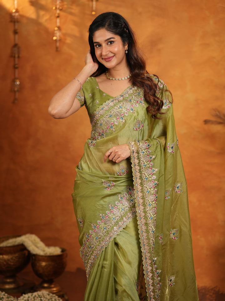 Olive Green Fendy Satin Embroidered Saree with Heavy Floral Border & Designer Pallu | Elegant Festive Wear Saree with Embroidered Blouse