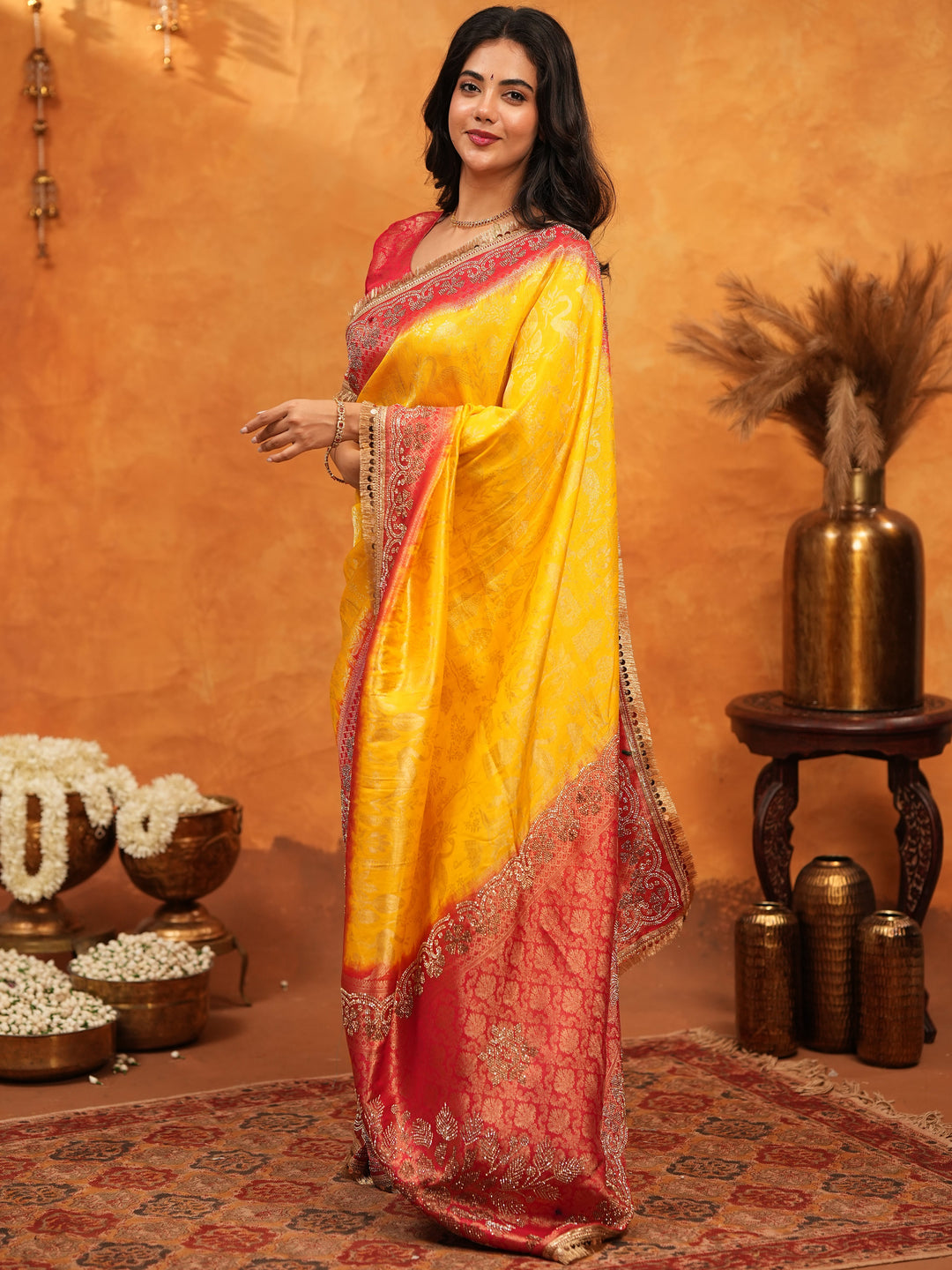 Sunshine Yellow & Red Banarasi Silk Saree with Rich Zari Border & Contrast Pallu | Designer Festive & Wedding Wear Saree