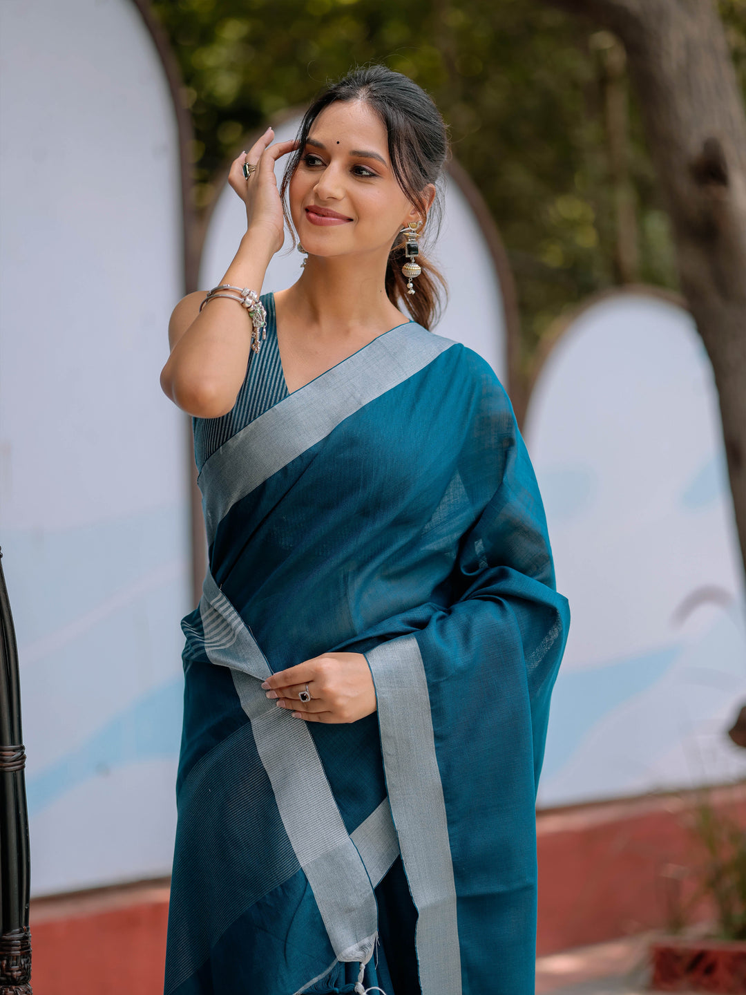 Elegant Teal Blue Pure Handloom Cotton Saree with Silver Border & Tassel Detailing
