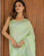 Mint Green Pure Handloom Mul Cotton Saree with Striped Weaving & Tassel Detailing