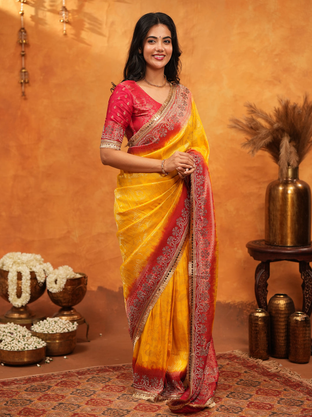 Sunshine Yellow & Red Banarasi Silk Saree with Rich Zari Border & Contrast Pallu | Designer Festive & Wedding Wear Saree