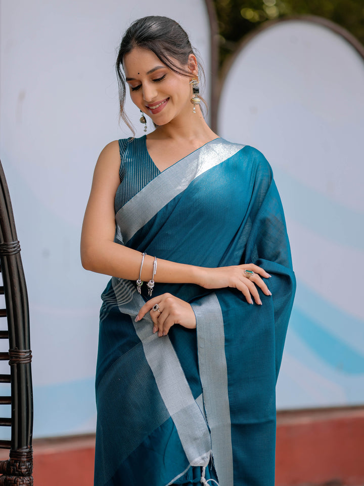 Elegant Teal Blue Pure Handloom Cotton Saree with Silver Border & Tassel Detailing