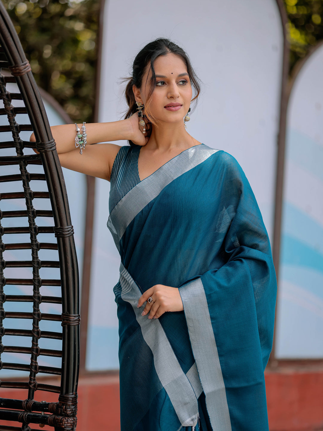 Elegant Teal Blue Pure Handloom Cotton Saree with Silver Border & Tassel Detailing