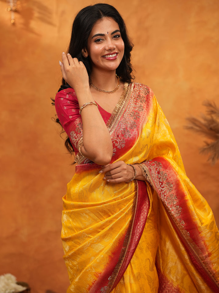 Sunshine Yellow & Red Banarasi Silk Saree with Rich Zari Border & Contrast Pallu | Designer Festive & Wedding Wear Saree