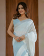 Pure White & Sky Blue Handloom Mul Cotton Saree with Minimal Striped Border & Tassel Detailing