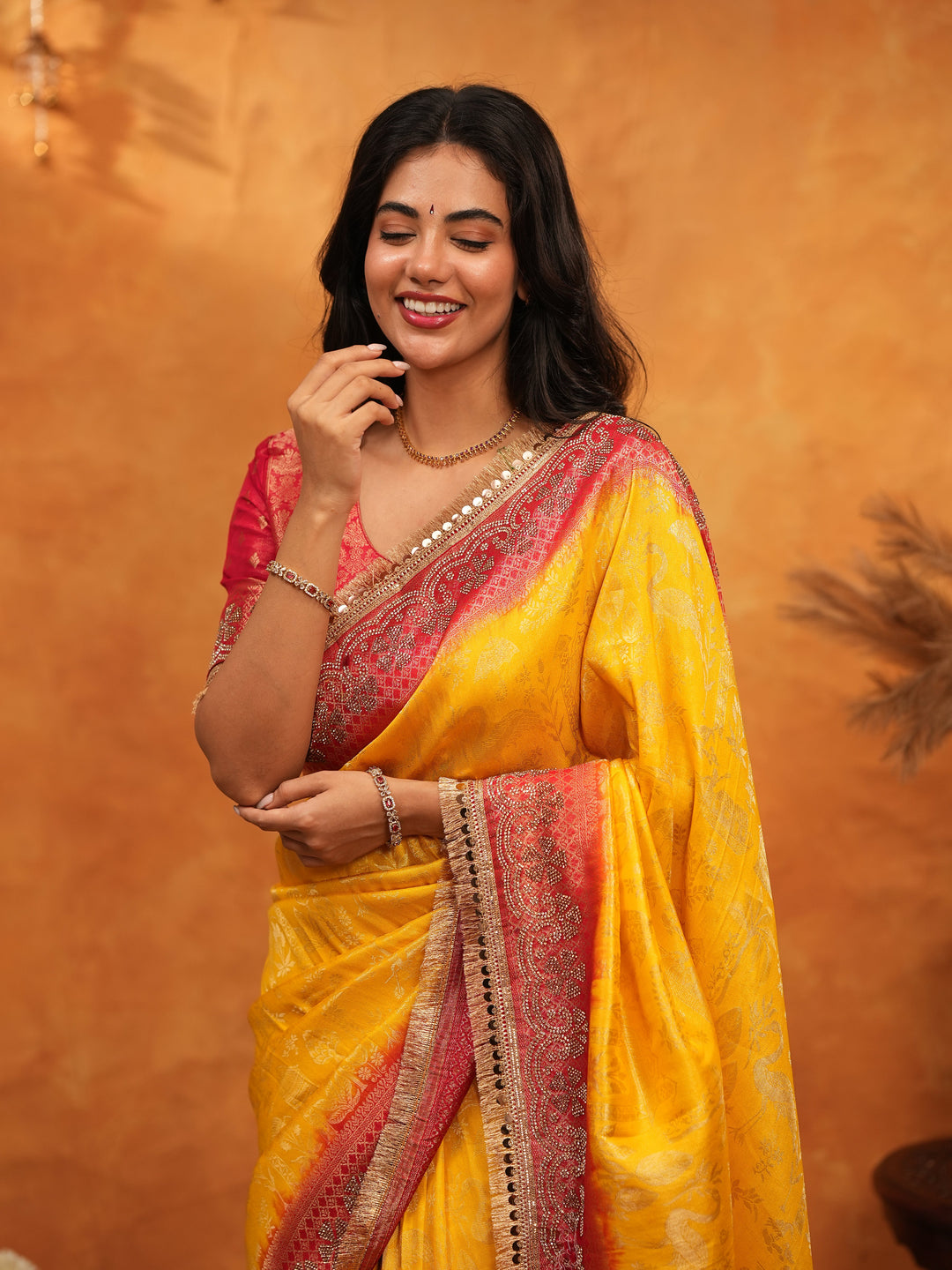 Sunshine Yellow & Red Banarasi Silk Saree with Rich Zari Border & Contrast Pallu | Designer Festive & Wedding Wear Saree