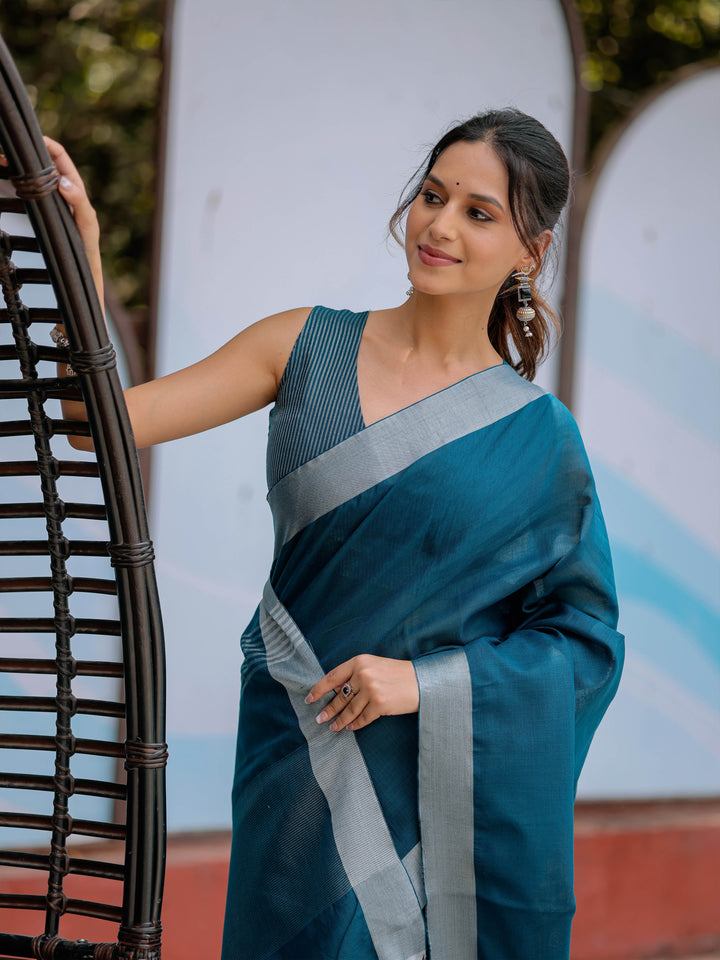 Elegant Teal Blue Pure Handloom Cotton Saree with Silver Border & Tassel Detailing