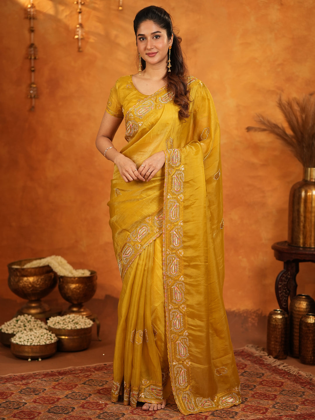 Mustard Yellow Fendy Satin Embroidered Saree with Geometric Border & Rich Designer Pallu | Festive Wedding Wear Saree with Blouse