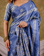 Cornflower Blue Pure Chinnon Ajrakh Printed Saree with Tassel Edges, Traditional Ethnic Print & Matching Blouse Piece