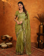 Olive Green Fendy Satin Embroidered Saree with Geometric Border & Elegant Designer Pallu | Festive & Wedding Wear Saree with Blouse