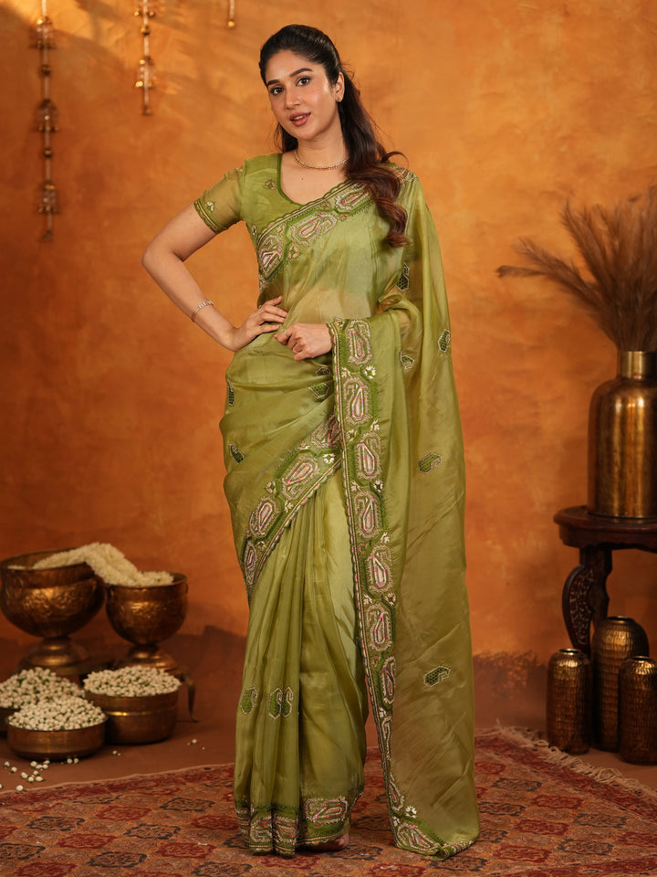 Olive Green Fendy Satin Embroidered Saree with Geometric Border & Elegant Designer Pallu | Festive & Wedding Wear Saree with Blouse